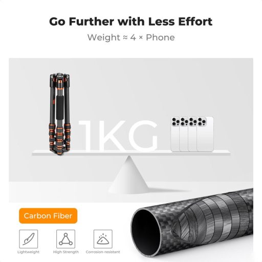 K&F Concept C225C0+BH-25 karbon állvány, 155cm magasság, 8kg teherbírás