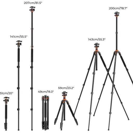 K&F Concept KF-09-087V6 K234A7+BH-28L állvány + monopod, elforgatható középoszloppal, fekete-narancs