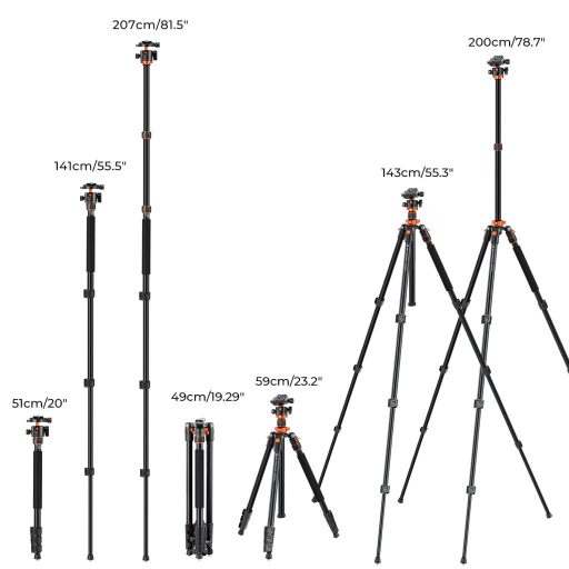 K&F Concept K234A7+BH28L állvány, 200cm magasság, 10kg teherbírás, telefonadapter