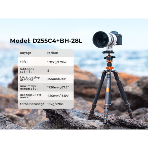 K&F Concept D255C4+BH-28L karbon állvány + monopod + telefon adapter, fekete-narancs