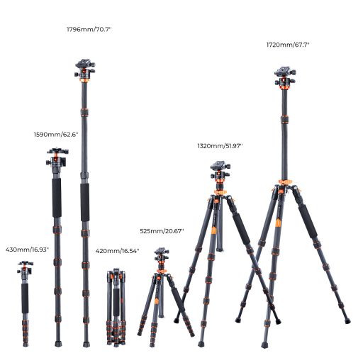 K&F Concept D255C4+BH-28L karbon állvány + monopod + telefon adapter, fekete-narancs