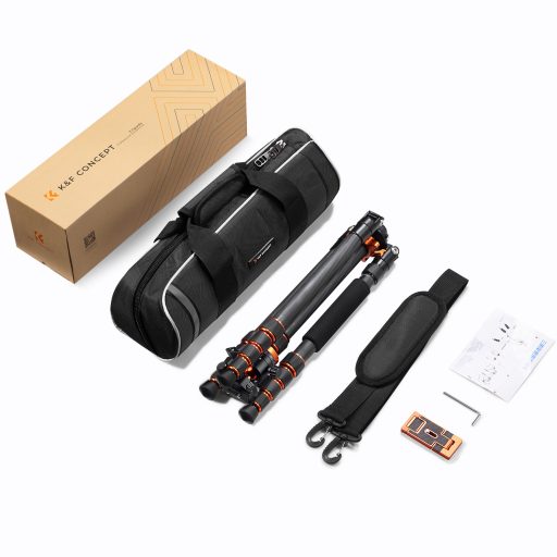 K&F Concept D255C4+BH-28L karbon állvány + monopod + telefon adapter, fekete-narancs