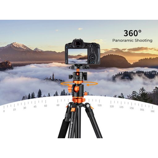 K&F Concept T255A3 + BH-28L állvány + monopod, elforgatható középoszloppal, fekete-narancssárga