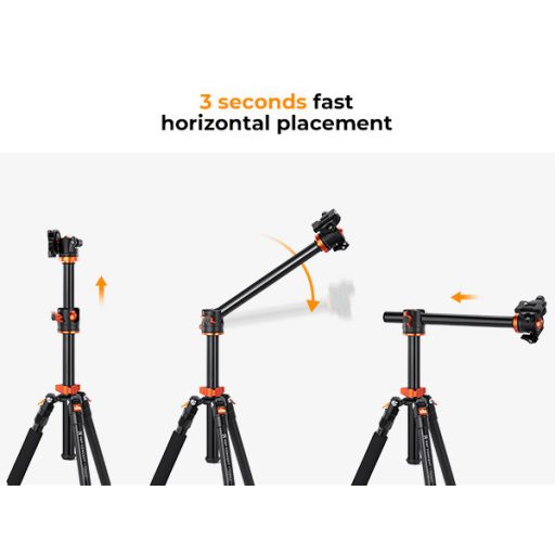 K&F Concept T255A3 + BH-28L állvány + monopod, elforgatható középoszloppal, fekete-narancssárga