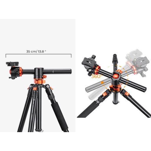 K&F Concept T255A3 + BH-28L állvány + monopod, elforgatható középoszloppal, fekete-narancssárga