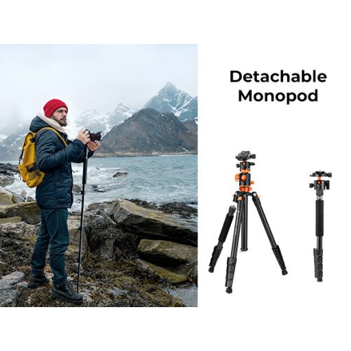 K&F Concept T255A3 + BH-28L állvány + monopod, elforgatható középoszloppal, fekete-narancssárga
