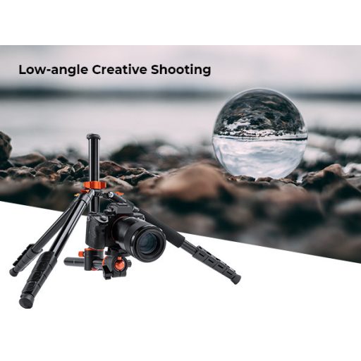 K&F Concept T255A3 + BH-28L állvány + monopod, elforgatható középoszloppal, fekete-narancssárga