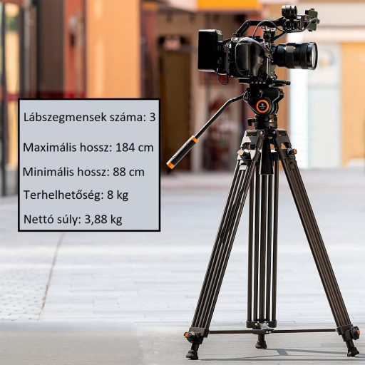 K&F Concept VA18 videó állvány, VH081 fluid video fej, 183cm magasság, 8kg teherbírás