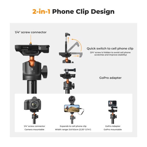K&F Concept MS-08 állvány, selfie bot, gömbfejjel, GoPro adapter, telefon adapter, bluetooth kioldó