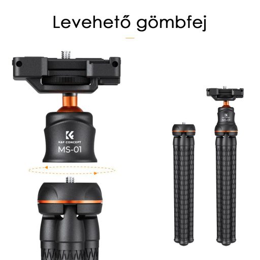 K&F Concept MS-01 hajlítható lábú állvány, gömbfejjel, bluetooth kioldóval