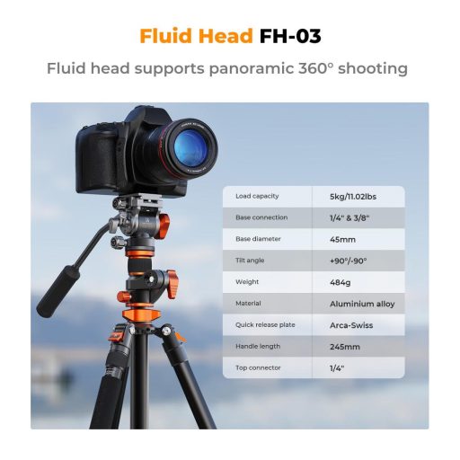 K&F Concept T254A7 + FH-03 videó állvány + monopod, elforgatható középoszloppal, fekete-narancssárga