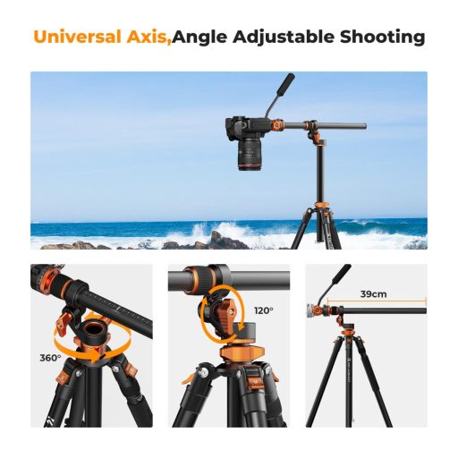 K&F Concept T254A7 + FH-03 videó állvány + monopod, elforgatható középoszloppal, fekete-narancssárga