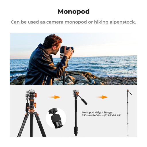 K&F Concept T254A7 + FH-03 videó állvány + monopod, elforgatható középoszloppal, fekete-narancssárga