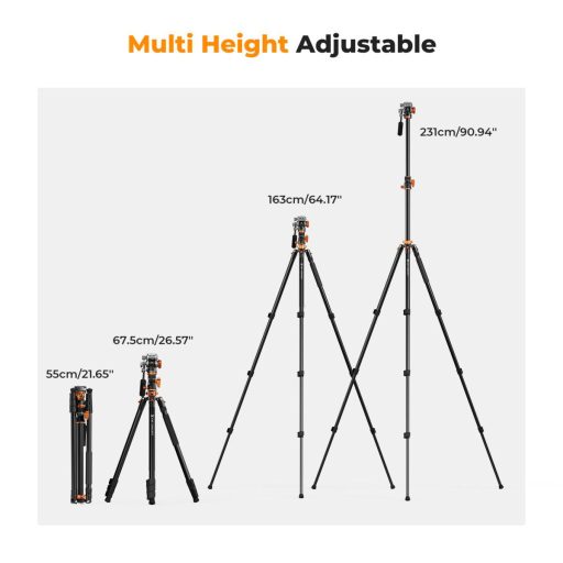 K&F Concept T254A7 + FH-03 videó állvány + monopod, elforgatható középoszloppal, fekete-narancssárga