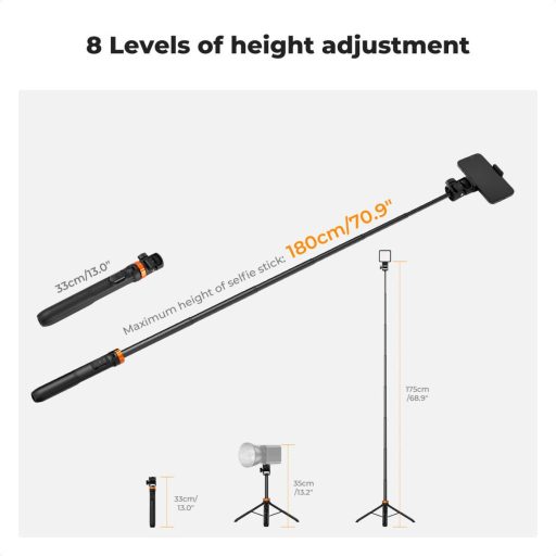 K&F Concept MS-24 állvány, 175cm, selfie bot, GoPro adapter, telefon adapter, bluetooth kioldó
