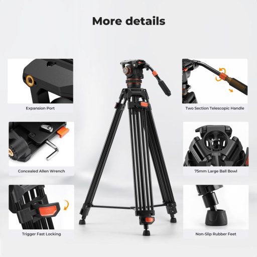 K&F Concept VA3 videó állvány, BV60 fluid video fej, 191cm magasság, 10kg teherbírás