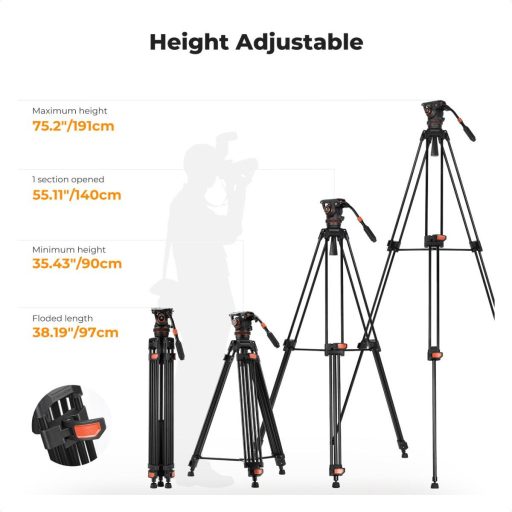 K&F Concept VA3 videó állvány, BV60 fluid video fej, 191cm magasság, 10kg teherbírás