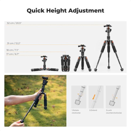 K&F Concept S225A1+BH-25 mini állvány, 52cm max magasság, 6kg teherbírás
