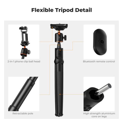 K&F Concept MS-29 hajlítható lábú állvány, selfie bot, GoPro és telefon adapter, bluetooth kioldó