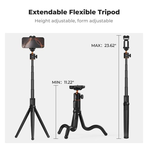 K&F Concept MS-29 hajlítható lábú állvány, selfie bot, GoPro és telefon adapter, bluetooth kioldó