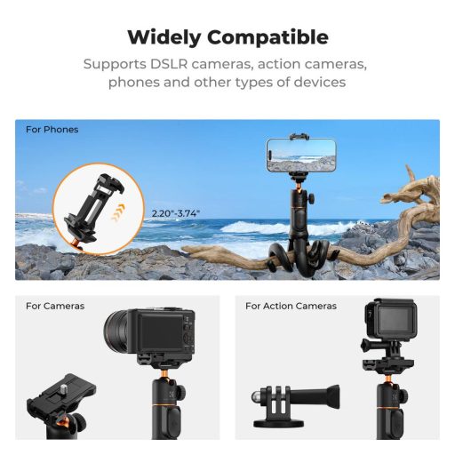 K&F Concept MS-29 hajlítható lábú állvány, selfie bot, GoPro és telefon adapter, bluetooth kioldó