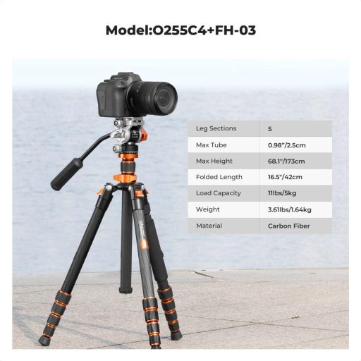 K&F Concept O255C4+FH-03 karbon videó állvány, 170cm magasság, 5kg teherbírás