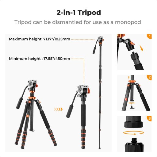 K&F Concept O255C4+FH-03 karbon videó állvány, 170cm magasság, 5kg teherbírás