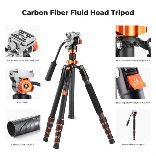 K&F Concept O255C4+FH-03 karbon videó állvány, 170cm magasság, 5kg teherbírás