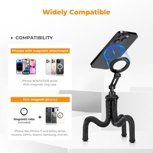 K&F Concept hajlítható lábú állvány, Magsafe, GoPro adapter, bluetooth kioldó