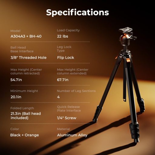 K&F Concept A304A3 állvány BH-40 gömbfej, 172cm magasság, 10kg teherbírás, telefontartóval