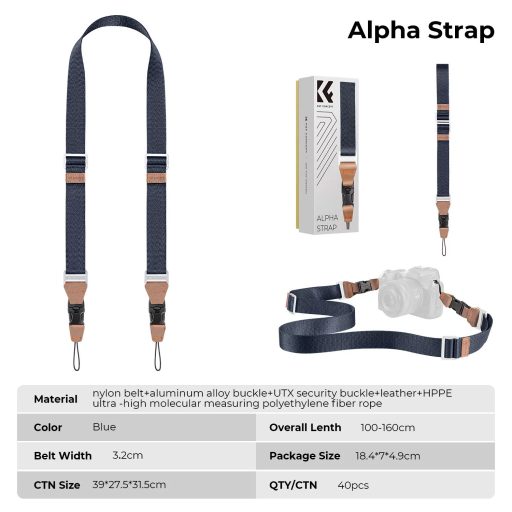 K&F Concept lapos nyakpánt gyorskioldó csattal, 3,2cm x 100-160cm, kék