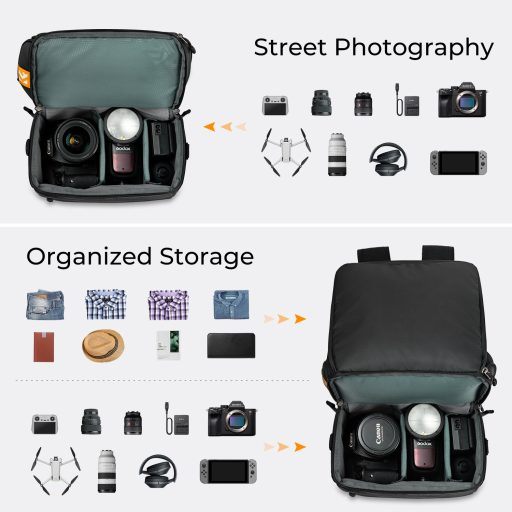 K&F Concept Collapsible Backpack 22L, fotós hátizsák, oldaltáskáva csukható, fekete