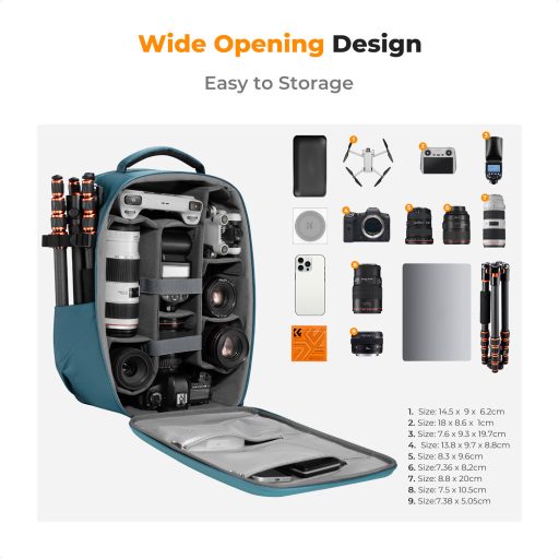 K&F Concept hardshell professzionális kamera hátizsák, 22L, 15.6 laptop zseb, kék