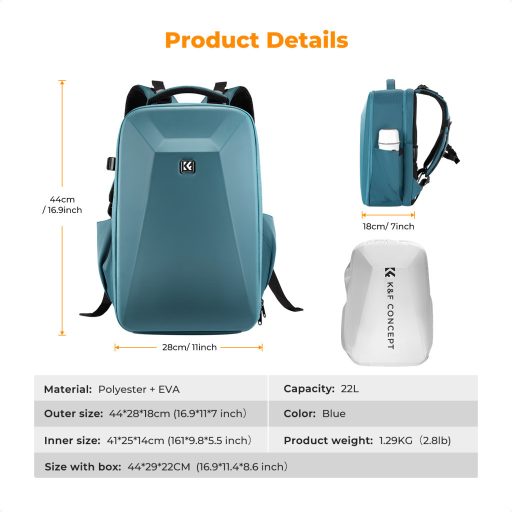 K&F Concept hardshell professzionális kamera hátizsák, 22L, 15.6 laptop zseb, kék