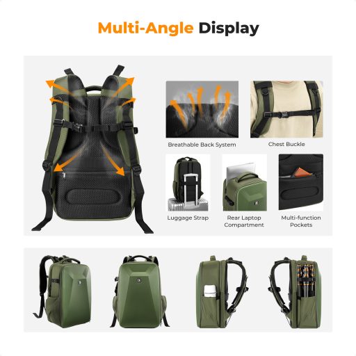 K&F Concept hardshell professzionális kamera hátizsák, 22L, 15.6 laptop zseb, zöld