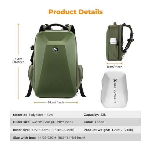 K&F Concept hardshell professzionális kamera hátizsák, 22L, 15.6 laptop zseb, zöld