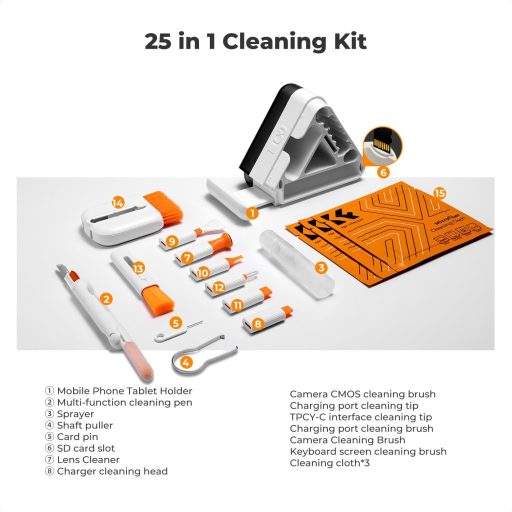 K&F Concept 25 az 1-ben tisztító szett, laptop, mobil, billentyűzet, fülhallgató