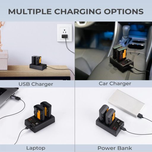 K&F Concept hordozható dupla LC-E6 akkumulátor töltő, USB-C, 2db LP-E6NH akkumulátorhoz