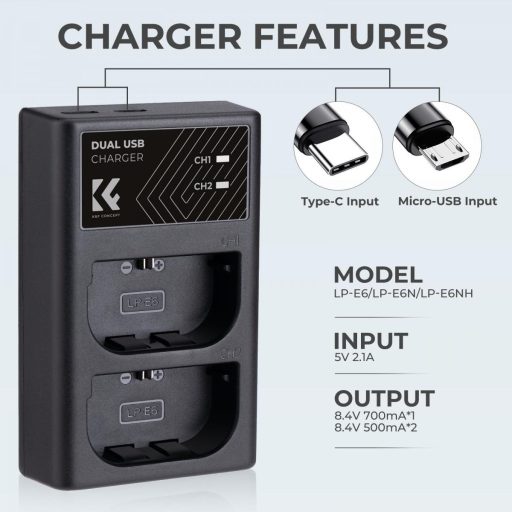 K&F Concept hordozható dupla LC-E6 akkumulátor töltő, USB-C, 2db LP-E6NH akkumulátorhoz