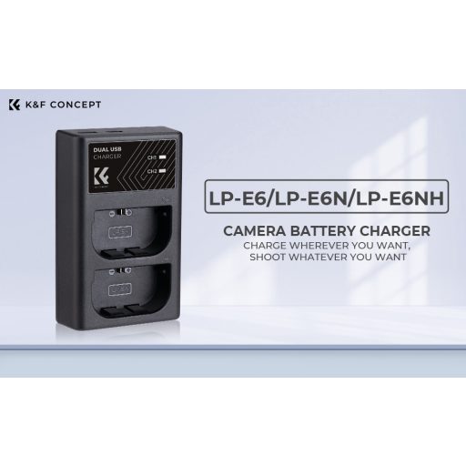 K&F Concept hordozható dupla LC-E6 akkumulátor töltő, USB-C, 2db LP-E6NH akkumulátorhoz