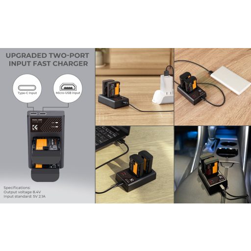 K&F Concept hordozható dupla LC-E6 akkumulátor töltő, USB-C, 2db LP-E6NH akkumulátorhoz