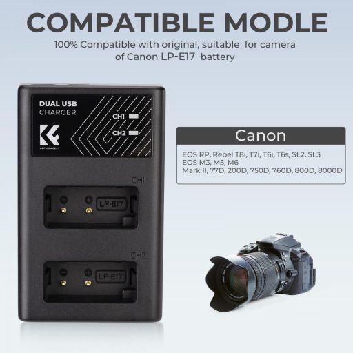 K&F Concept hordozható dupla LC-E17 akkumulátor töltő, USB-C, 2db LP-E17 akkumulátorhoz
