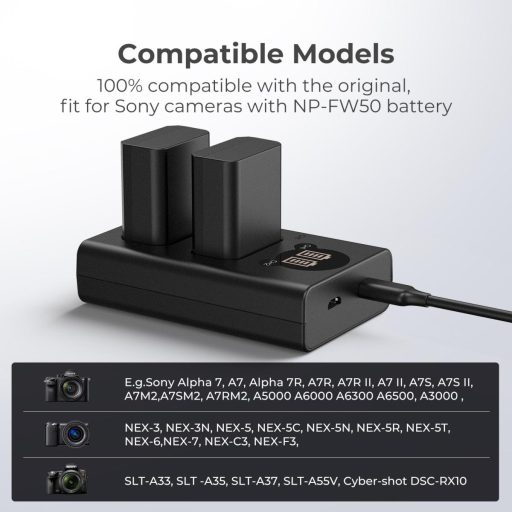 K&F Concept hordozható dupla BC-TRW akkumulátor töltő, LCD, USB-C, 2db FW50 akkumulátorhoz