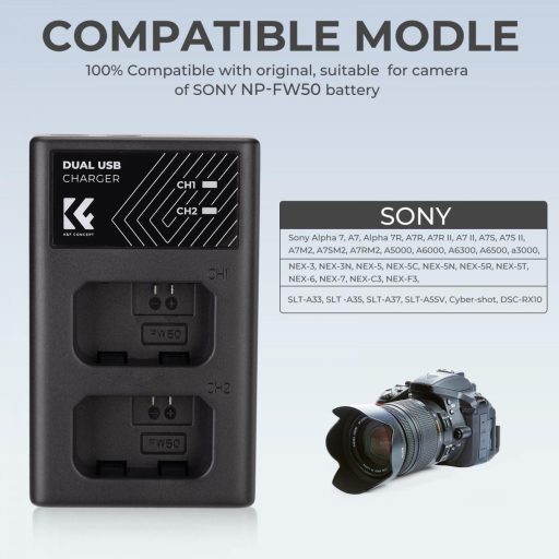K&F Concept hordozható dupla BC-TRW akkumulátor töltő, USB-C, 2db FW50 akkumulátorhoz