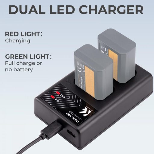 K&F Concept hordozható dupla BC-TRW akkumulátor töltő, USB-C, 2db FW50 akkumulátorhoz