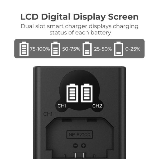K&F Concept hordozható dupla BC-QZ1 akkumulátor töltő, LCD, USB-C, 2db FZ100 akkumulátorhoz