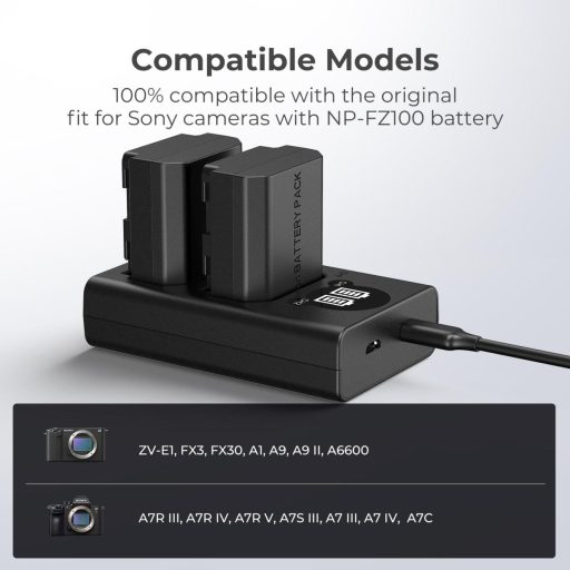 K&F Concept hordozható dupla BC-QZ1 akkumulátor töltő, LCD, USB-C, 2db FZ100 akkumulátorhoz