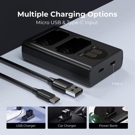 K&F Concept hordozható dupla BC-QZ1 akkumulátor töltő, LCD, USB-C, 2db FZ100 akkumulátorhoz