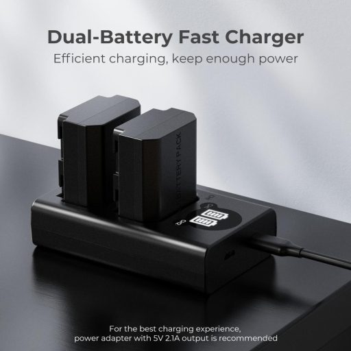 K&F Concept hordozható dupla BC-QZ1 akkumulátor töltő, LCD, USB-C, 2db FZ100 akkumulátorhoz