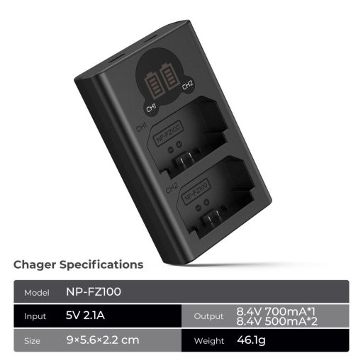 K&F Concept hordozható dupla BC-QZ1 akkumulátor töltő, LCD, USB-C, 2db FZ100 akkumulátorhoz
